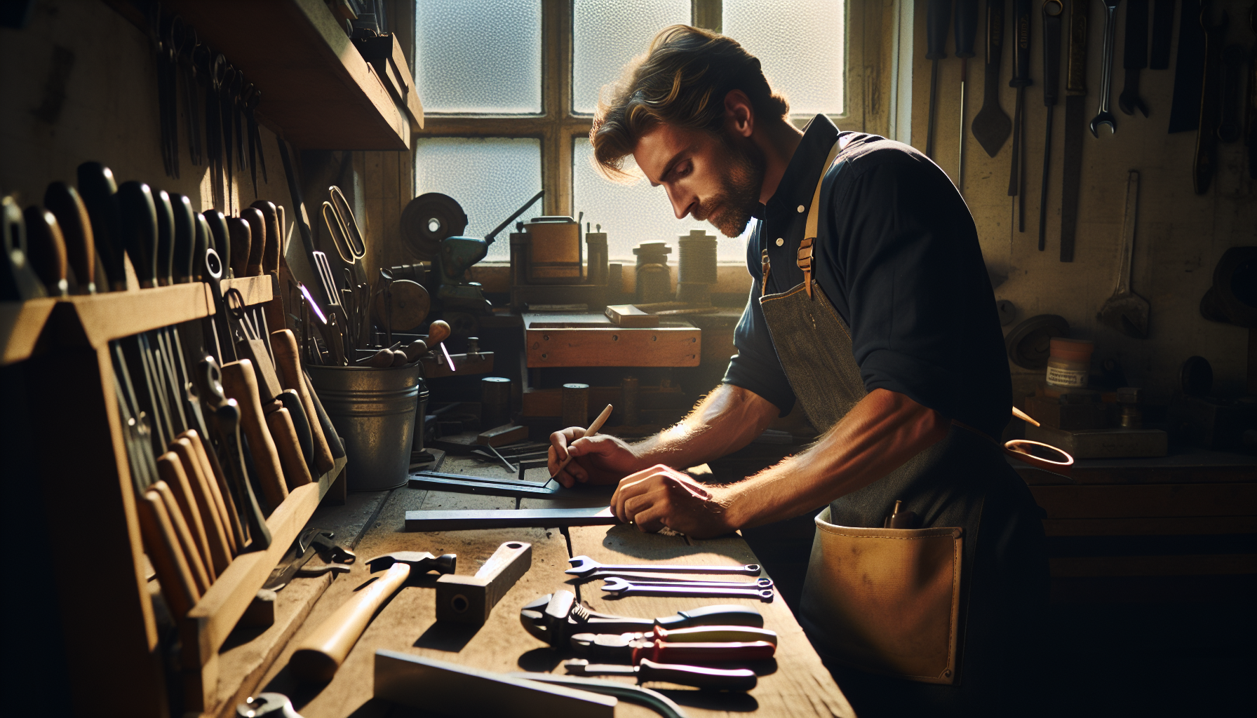 A UK tradesperson working in a workshop with tools and natural lighting.
