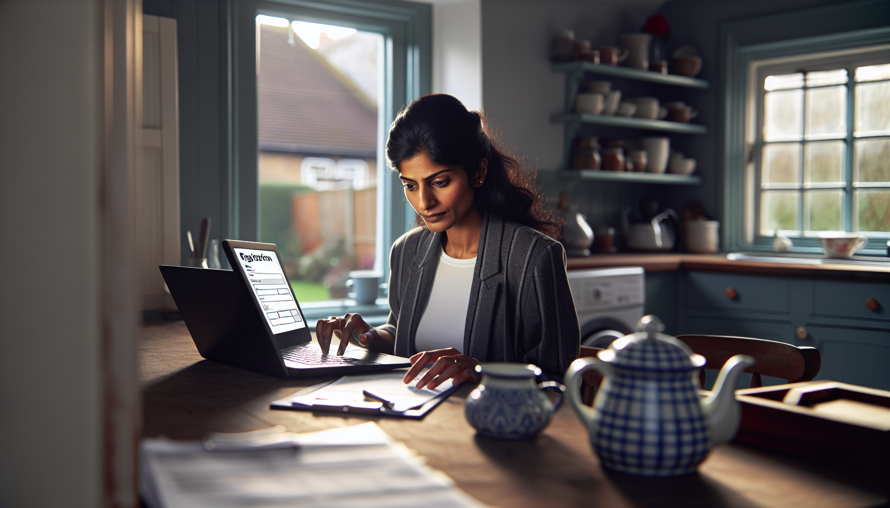 A tradesperson in a British kitchen registering for VAT online, with a teapot and garden view.