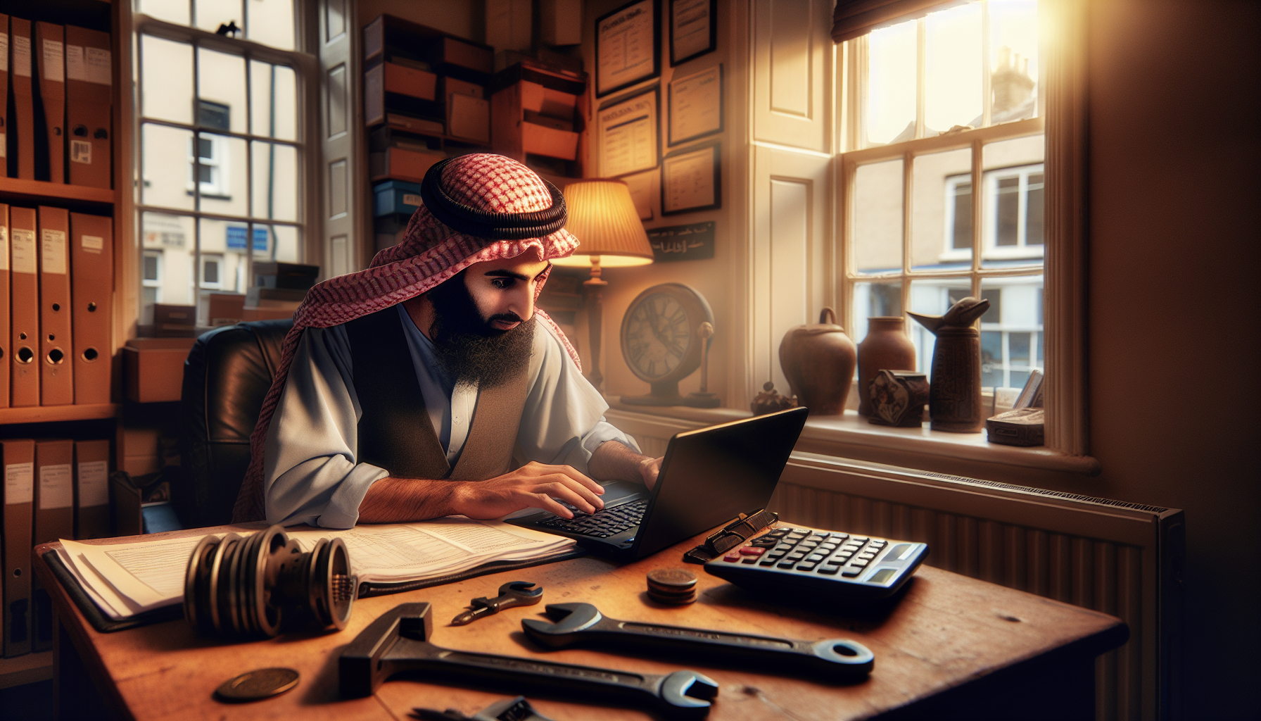 A UK tradesperson in a small office reviewing VAT paperwork, with tools on the desk.