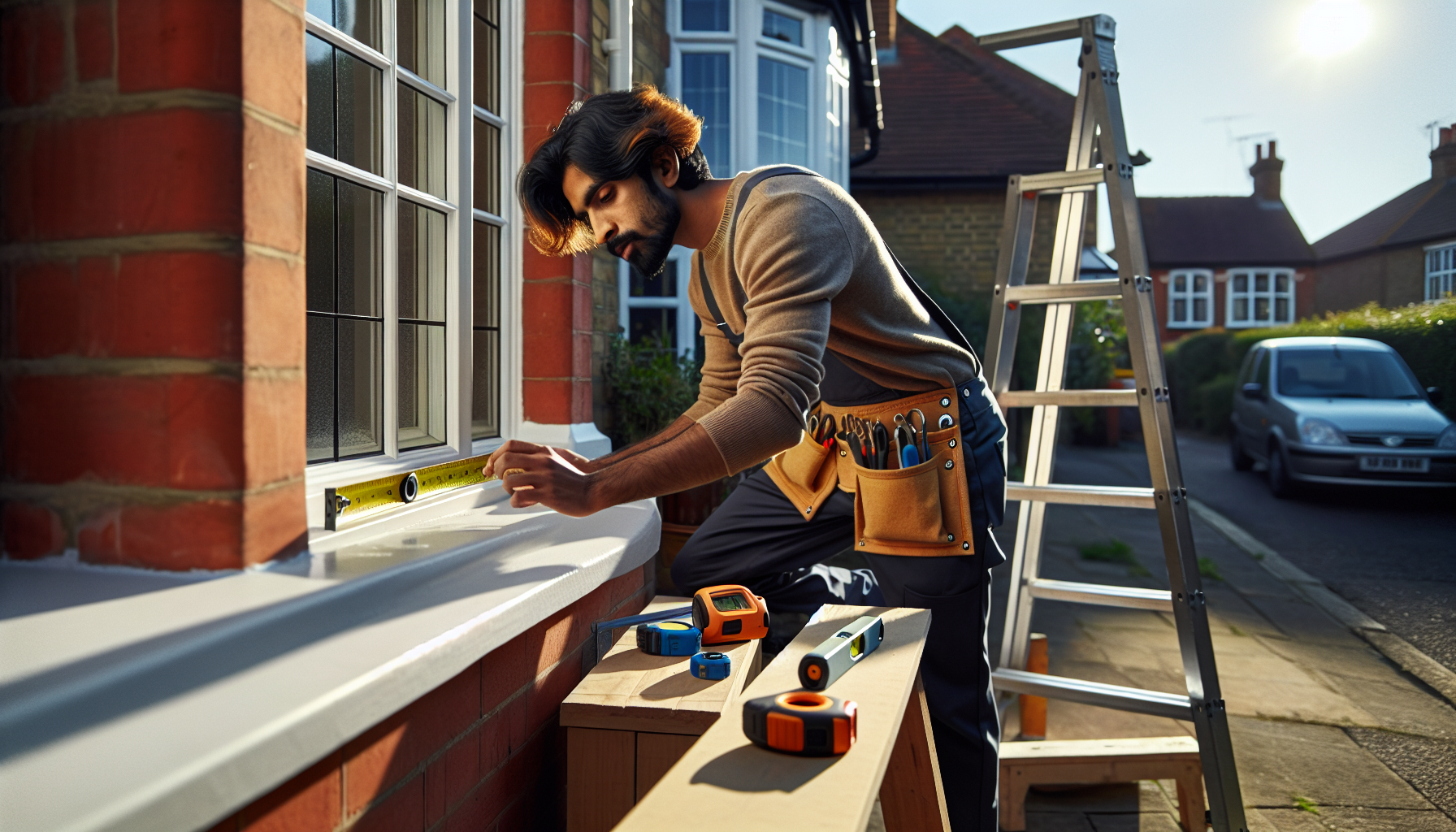 A window fitter measuring a window frame in a traditional British home, showcasing tools and a ladder against a red-brick house.