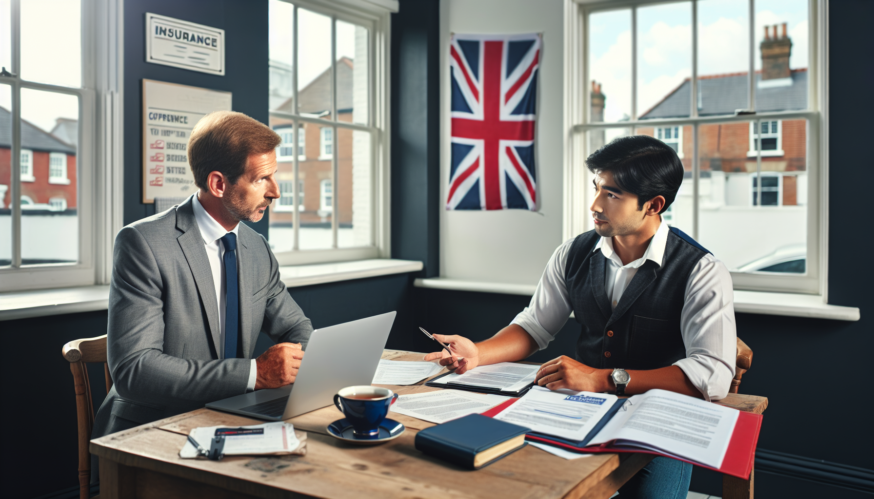 A window fitter discussing insurance options with an advisor in a British-themed office, featuring a Union Jack and a cup of tea on the desk.