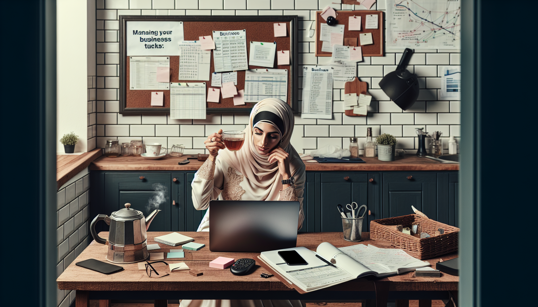 A tradesperson managing the mental load of business tasks in a British kitchen.