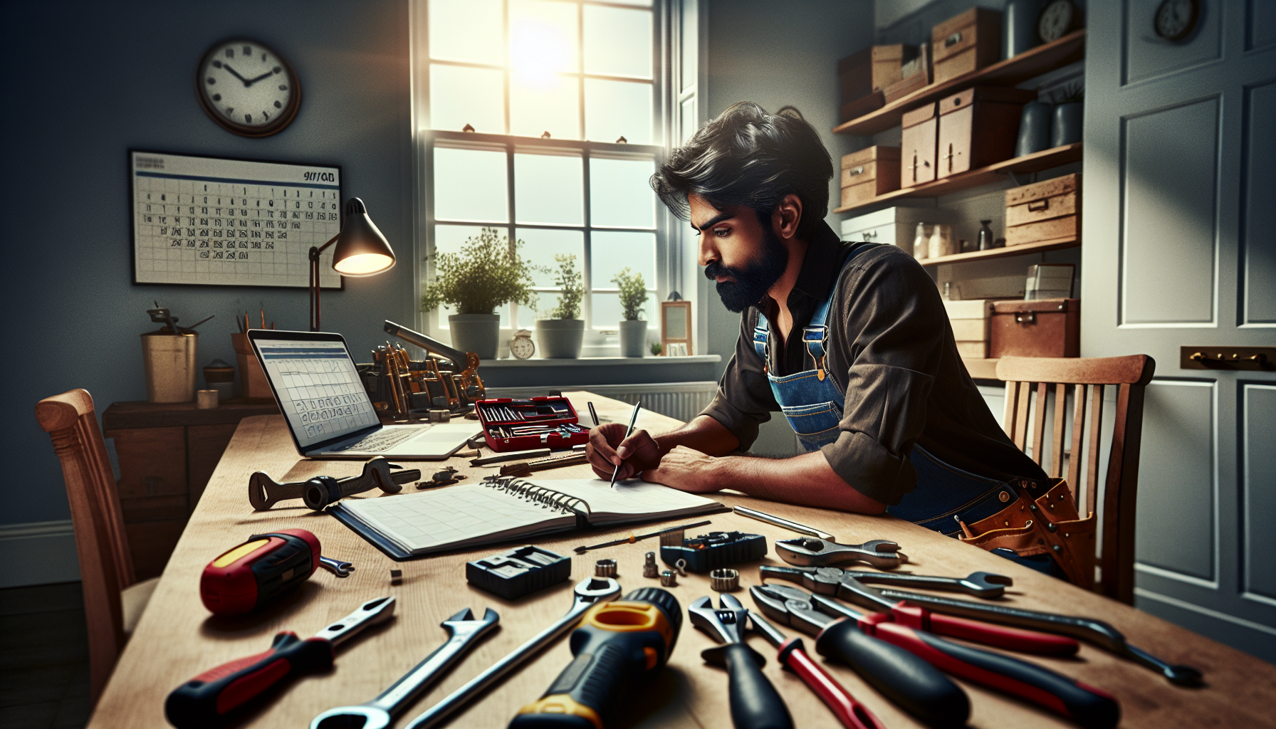 A tradesperson setting working hours in a home office, with tools and a calendar visible.