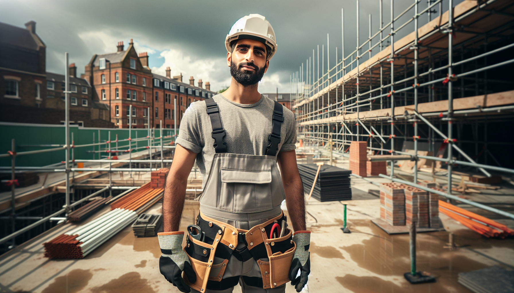 A tradesperson on a British construction site wearing complete personal protective equipment.