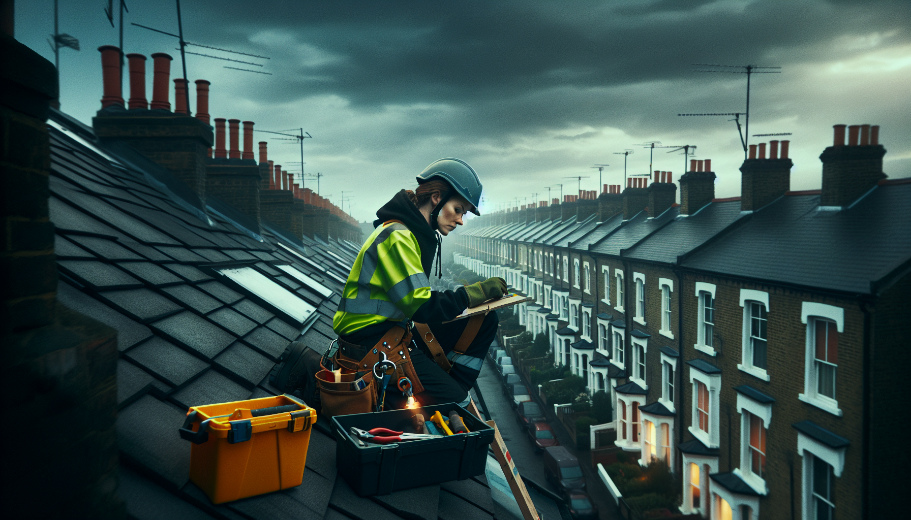 A tradesperson in a high-visibility jacket working safely on a British rooftop with safety equipment.